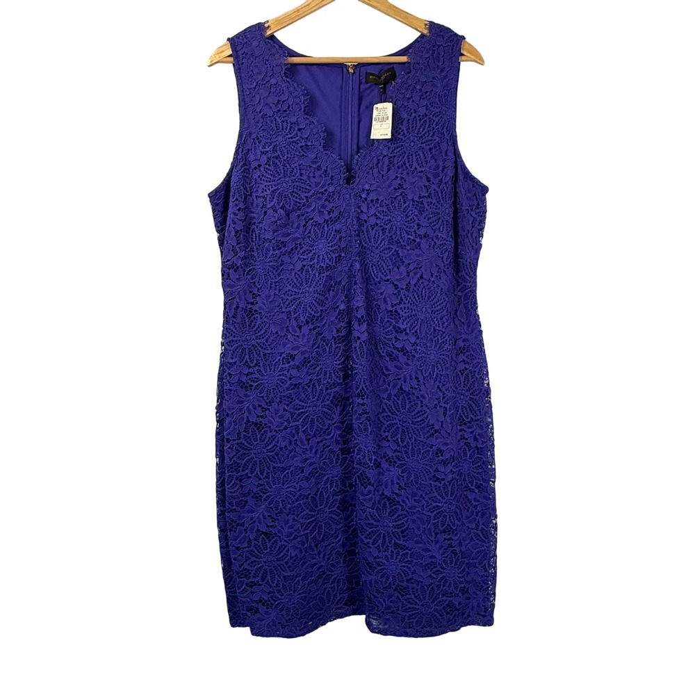 Donna Karan Lace V Neck Scalloped Sheath Dress Blue Violet Lined Womens 14 NWT